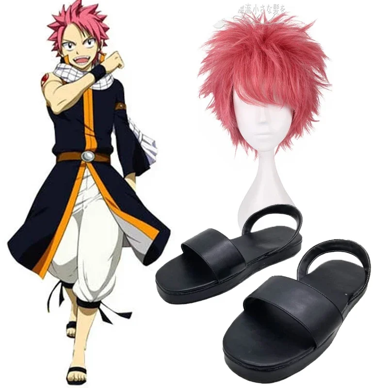 kf S313e50c6c8ff43a8b8b9d47012913a487 Anime Fairy Tail Etherious Natsu Dragneel Cosplay Party Shoes Black Sandals Custom Size Halloween Party Wig - Fairy Tail Shop