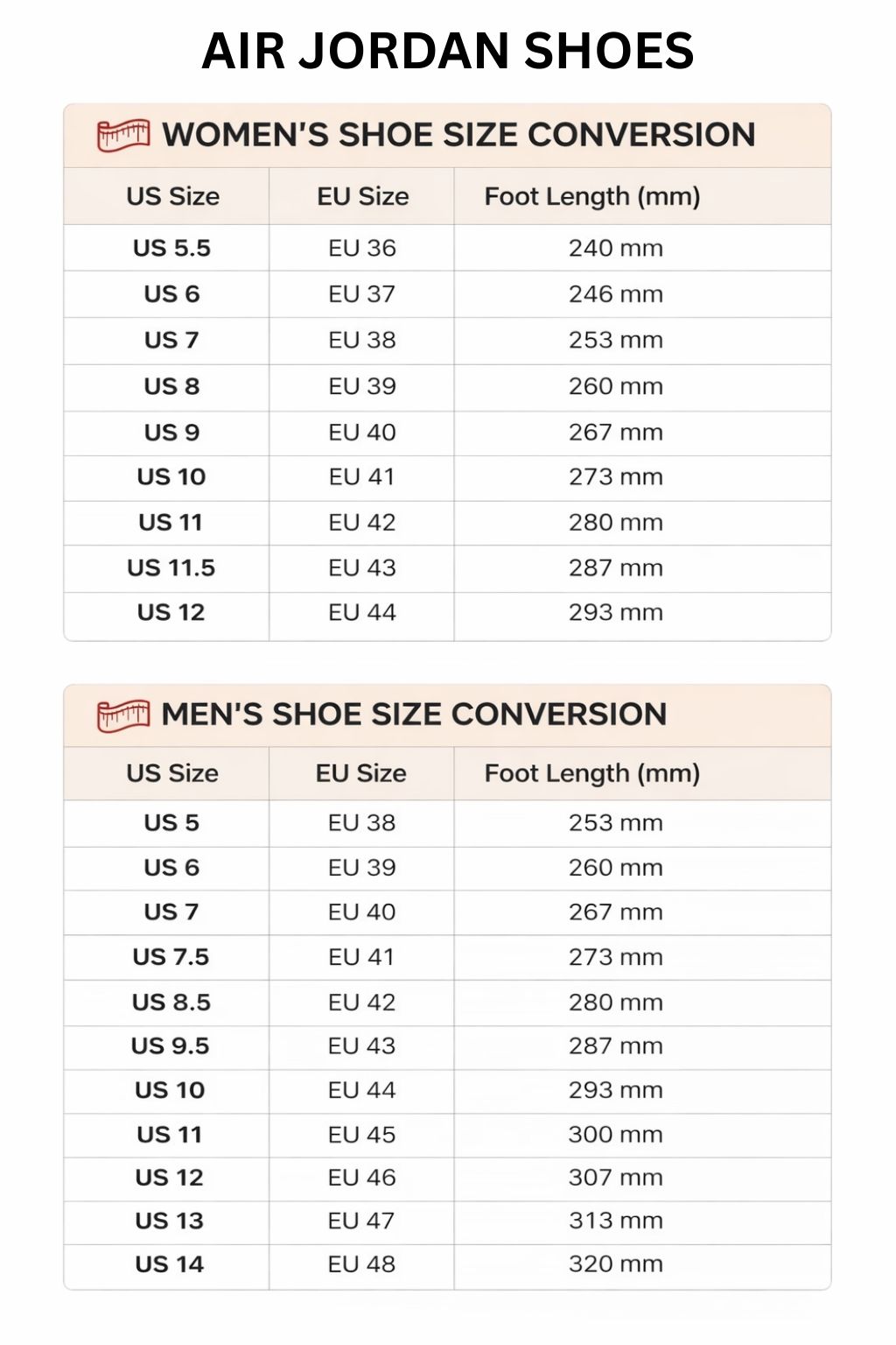 Air Jordan High Low Top Shoes Size Chart - Fairy Tail Shop