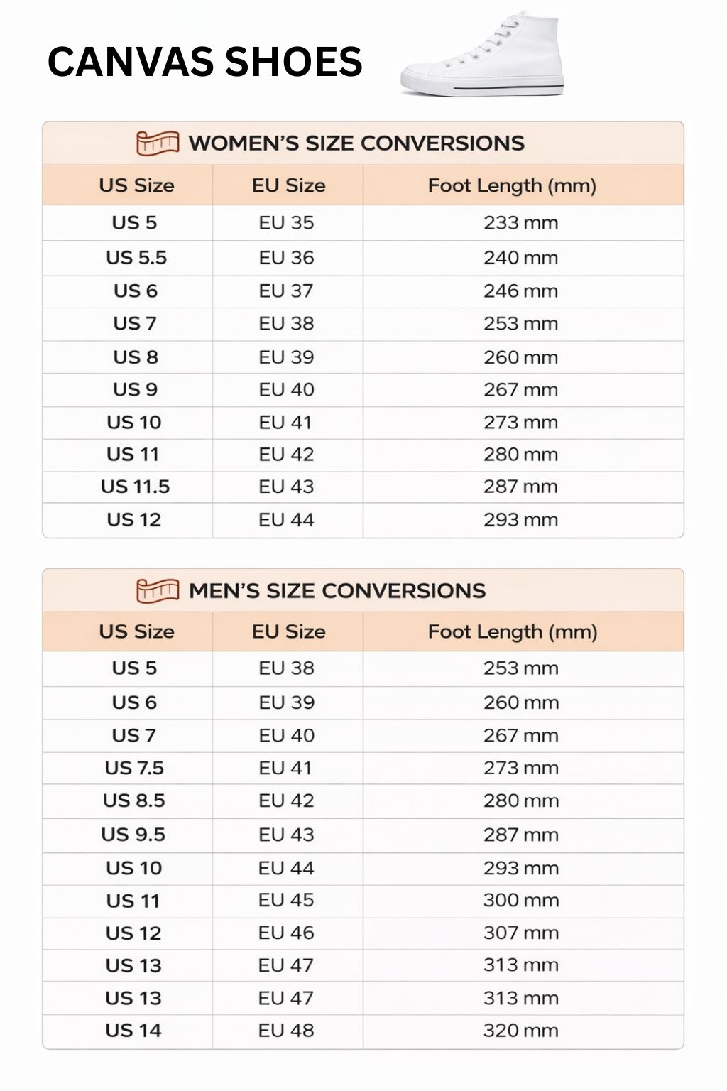 High Top Canvas Shoes Size Chart - Fairy Tail Shop